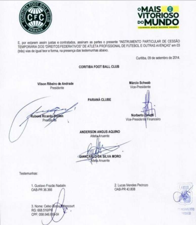 Contrato não foi assinado pelo Coritiba