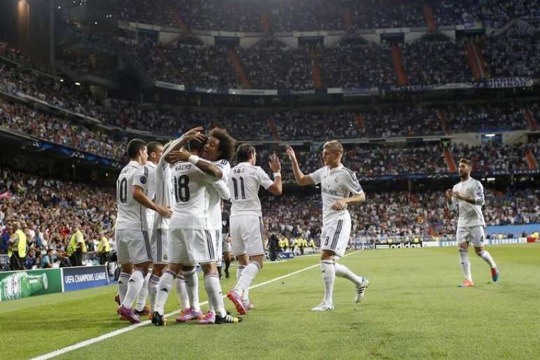 Jogadores do Real Madrid comemoram gol marcado contra o Basel na Liga dos Campeões. 16/09/2014