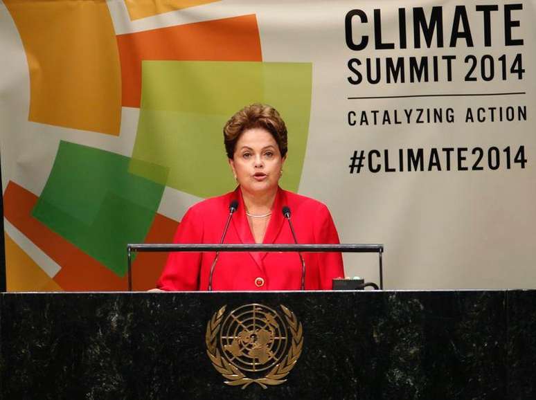 <p>Presidente Dilma Rousseff durante pronunciamento na C&uacute;pula do Clima da ONU, em Nova York</p>