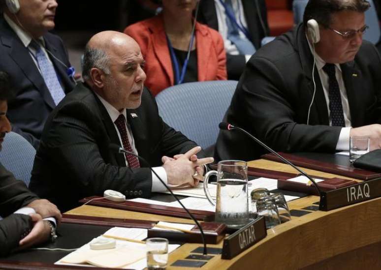 <p>Premiê iraquiano, Haider al-Abadi, em discurso no Conselho de Segurança da ONU em Nova York</p>