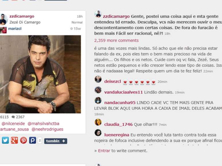 <p>Zezé di Camargo postou retratação após criticar a ex-mulher</p>