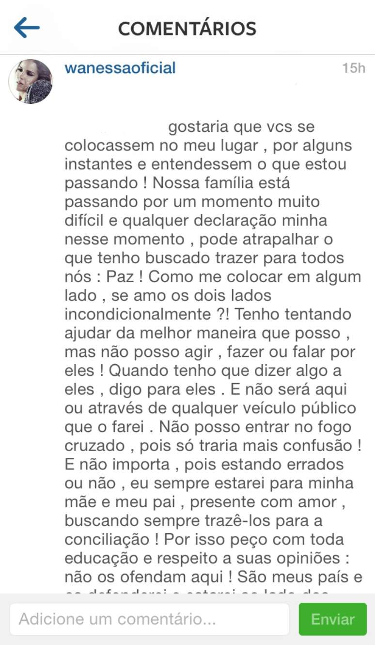 Wanessa Camargo desabafa no Instagram 