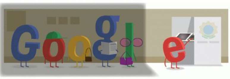 Na animação, as letras dos símbolos do Google aparecem na fila da zona eleitoral, com apenas a letra E dentro do biombo para realizar seu voto