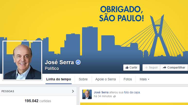 <p>Página oficial de José Serra no Facebook publicou agradecimento aos eleitores</p>