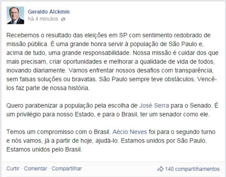 <p>Alckmin disse em mensagem divulgada no seu Facebook que enfrentará os "obstáculos" e os "desafios" do estado de São Paulo</p>