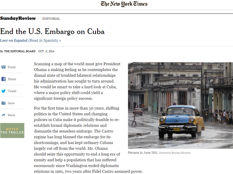 Página do site do "The New York Times" com o editorial que pede fim ao embargo dos Estados Unidos a Cuba