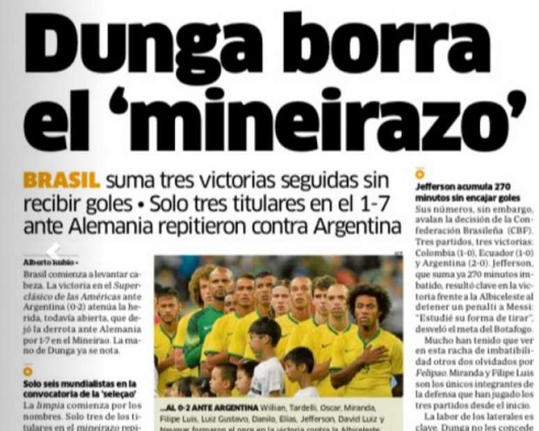 <p>Jornal Marca manchetou que a Seleção "apagou o Mineiraço"</p>