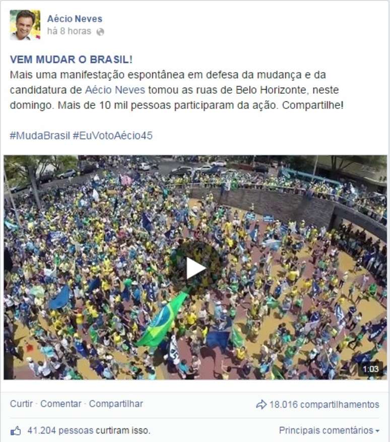 <p>Post de Aécio Neves mostra manifestação em favor do candidato e diz que a população quer mudança</p>