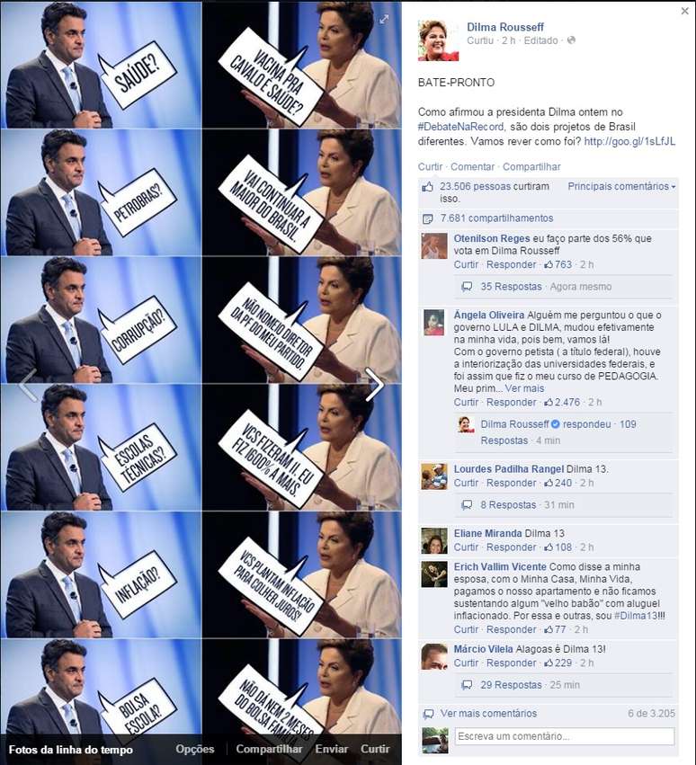 <p>Post de Dilma mostra montagem similar a memes, com ambos os candidatos e texto que compara governos</p>