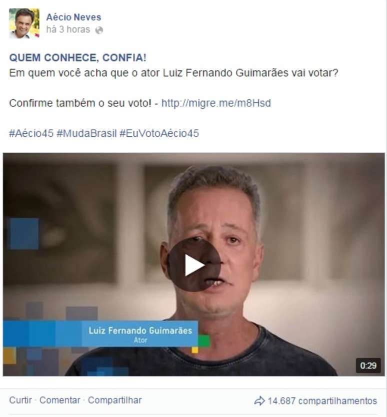 <p>Post de apoio à Aécio feito pelo ator Luiz Fernando Guimarães</p>