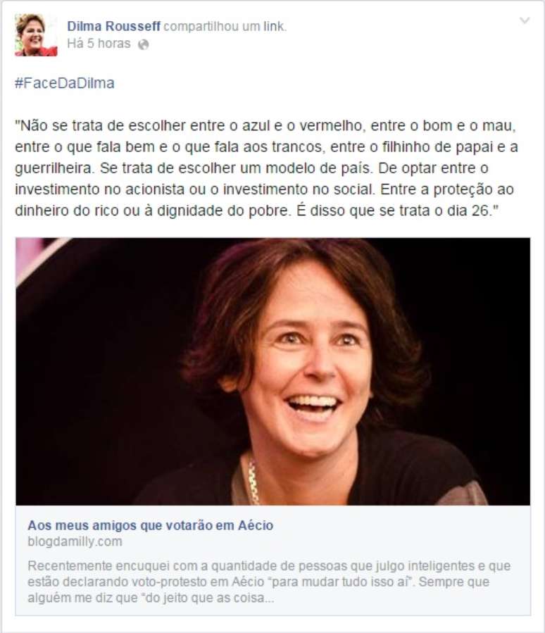 <p>Postagem da blogueira Milly Lacombe declarando voto em Dilma</p>