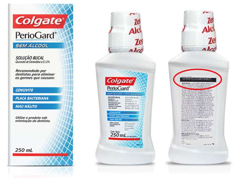 Colgate PerioGard Sem Álcool Solução Bucal  250ml; empresa constatou presença bacteriana acima do permitido em alguns lotes do produto 
