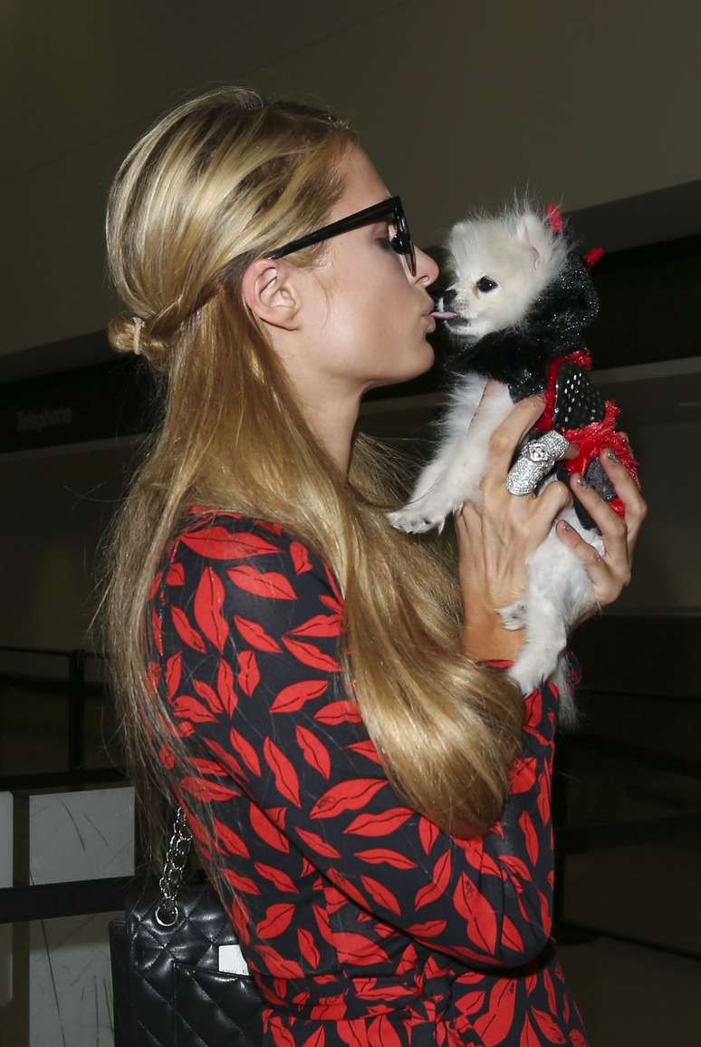Paris Hilton d&aacute; beij&atilde;o de l&iacute;ngua em cachorro 