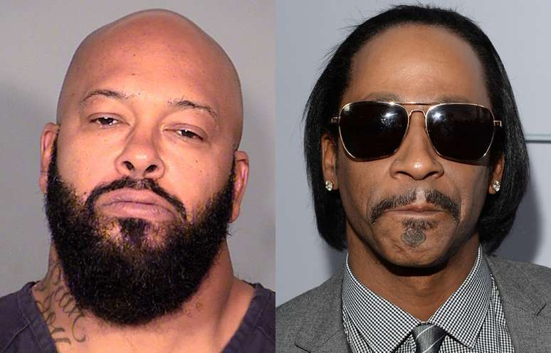 <p>Marion "Suge" Knight (&agrave; esq.) e o humorista Micah "Katt" Williams (&agrave; dir.) foram presos em Los Angeles por roubo de c&acirc;mera de fot&oacute;grafa</p>