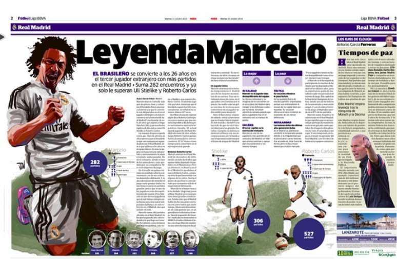 <p>Lateral brasileiro ganhou reportagem de página dupla no jornal Marca</p>