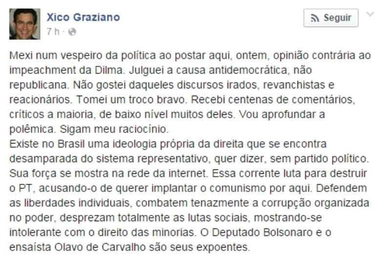 <p>Graziano dise que o Deputado Bolsonaro e o ensaísta Olavo de Carvalho representam a direita</p>