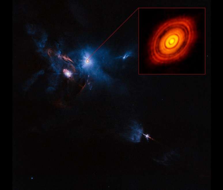 <p>Formação de um planeta ao redor da estrela HL Tauri, localizada a cerca de 450 anos-luz</p>