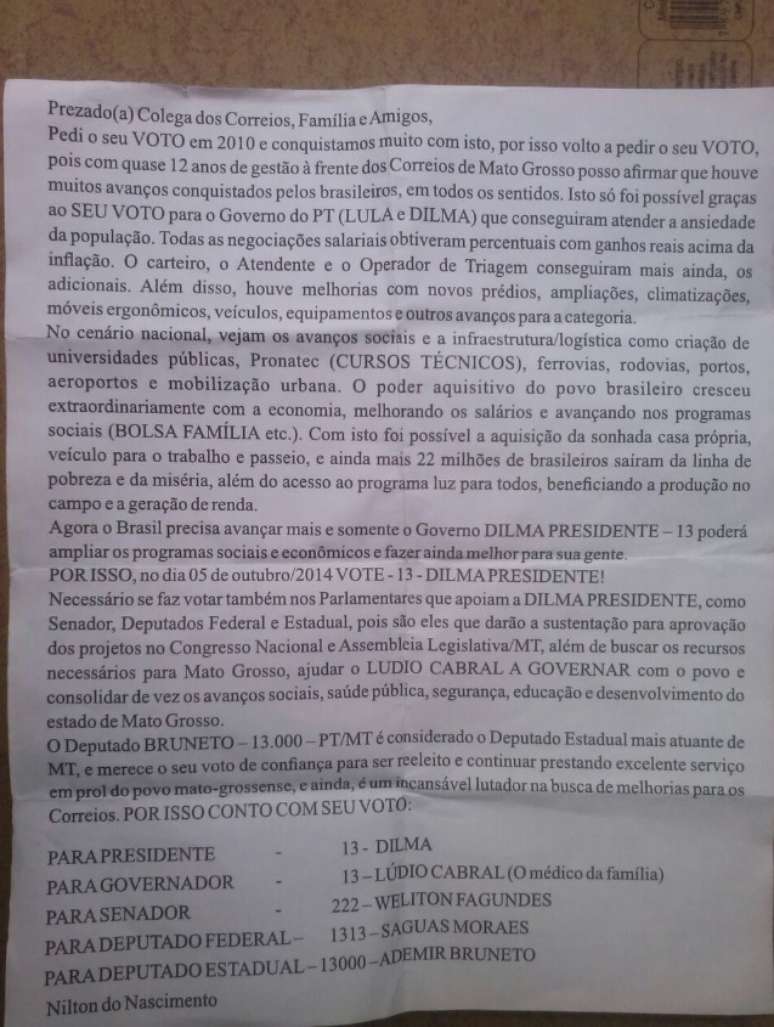 Correspondências foram enviadas aos trabalhadores da estatal dias antes das eleições