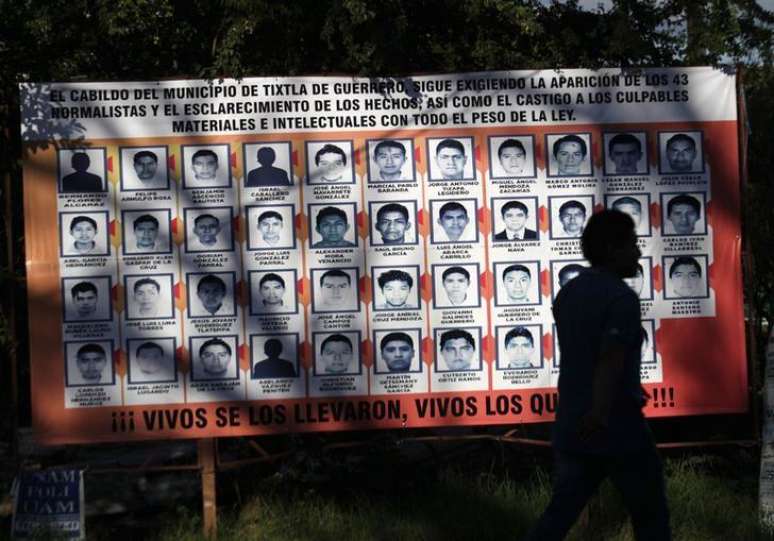Painel com fotos dos 43 estudantes desaparecidos no México.