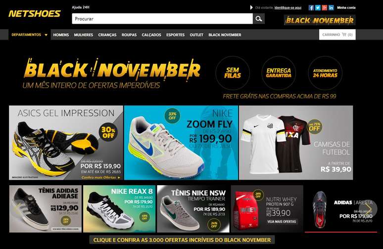 <p>A Netshoes, e-commerce de artigos esportivos e moda, resolveu antecipar a Black Friday e está oferecendo diversas ofertas e promoções em seu site durante todo o mês de novembro</p>