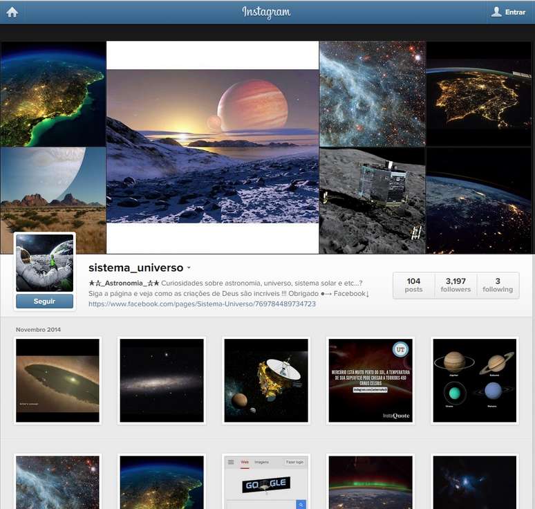 Perfil Sistema Universo tem mais de 3 mil seguidores no Instagram