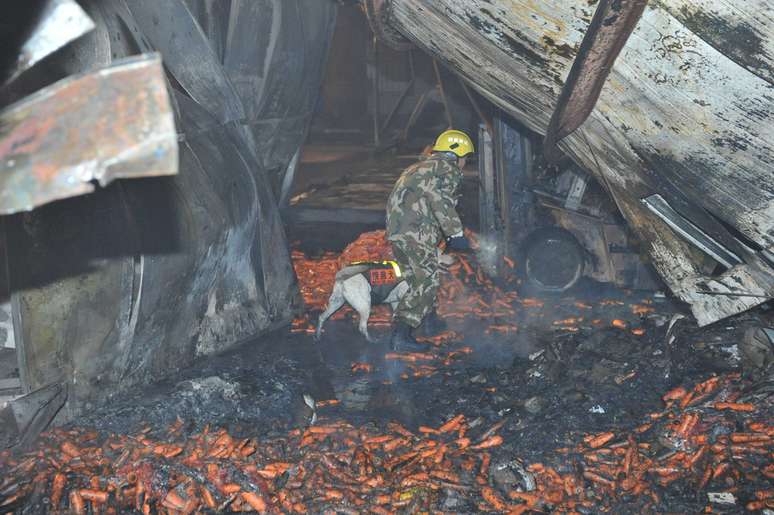 Agente de equipe de resgate procura vítimas de incêndio na China