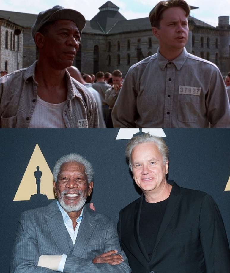 Morgan Freeman e Tim Robbins no filme e durante o evento de 20 anos 