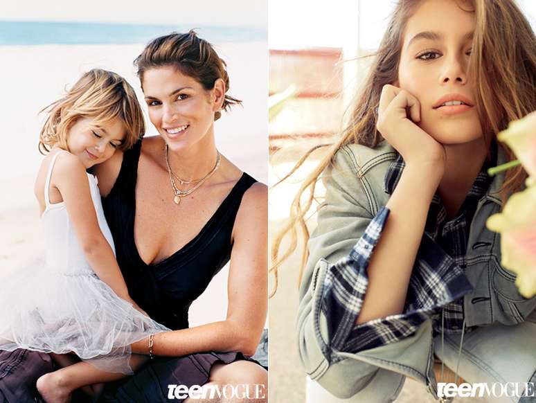 <p>Kaia com a m&atilde;e em 2003 e no ensaio para a Teen Vogue de dezembro</p>