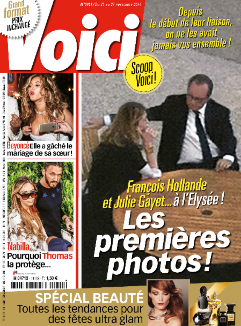 <p>A revista Voici publicou três fotos em que o presidente e seu <em>affair</em> aparecem sentados em uma mesa "no terraço dos apartamentos presidenciais" </p>