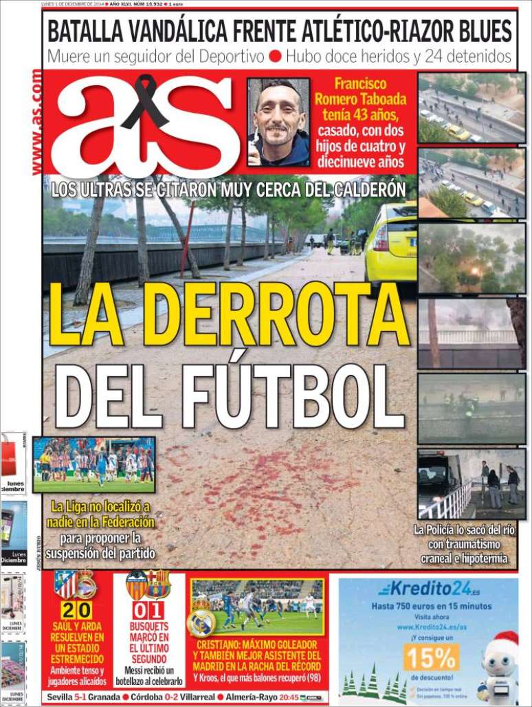 Jornal AS dá grande destaque à morte: "A derrota do futebol"