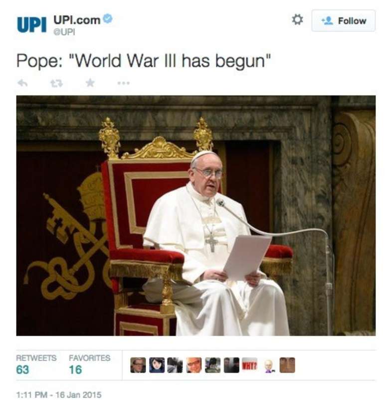 Post da agência UPI mostrava uma declaração falsa do Papa Francisco sobre o começo da 3ª Guerra Mundial