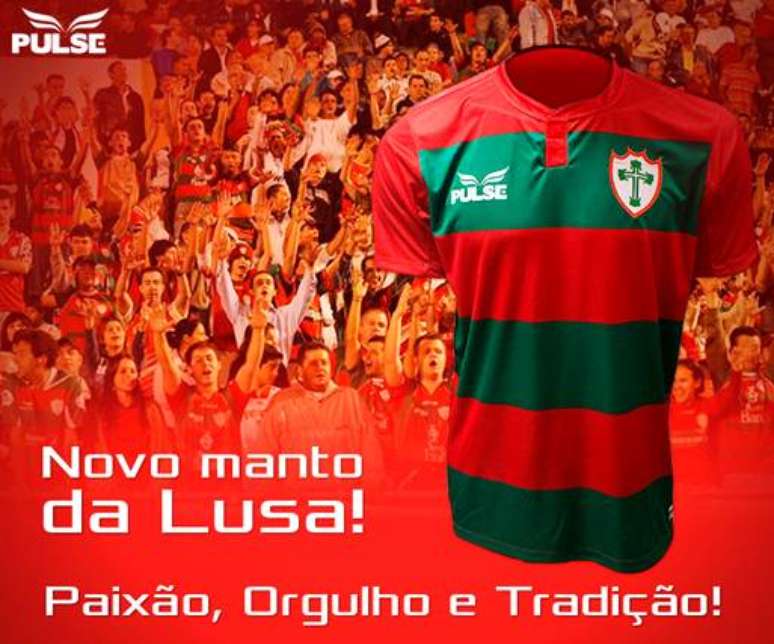 <p>Uniforme da Portuguesa em 2015&nbsp;conta com faixas horizontais rubro-verdes e tem o s&iacute;mbolo tradicional do clube, que tem as pontas da Cruz de Avis mais fortes</p>