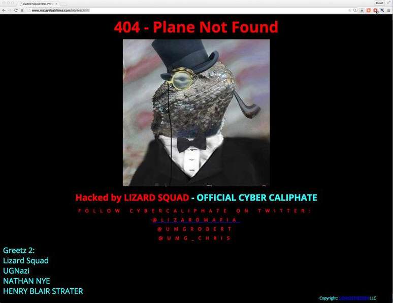 <p>Tela do site oficial da Malaysia Airlines após ataque hacker; ataque é assumido por grupo que se denomina "cibercalifado"</p>