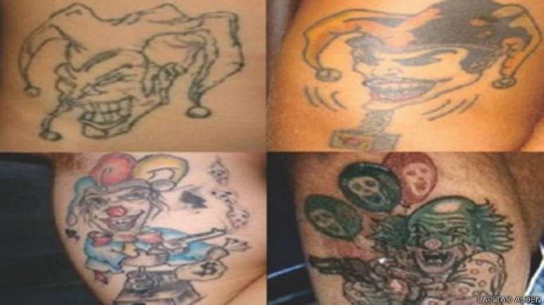<p>Mais conhecidas, tatuagens de palhaços costumam ser associadas a roubo e morte de policiais</p>