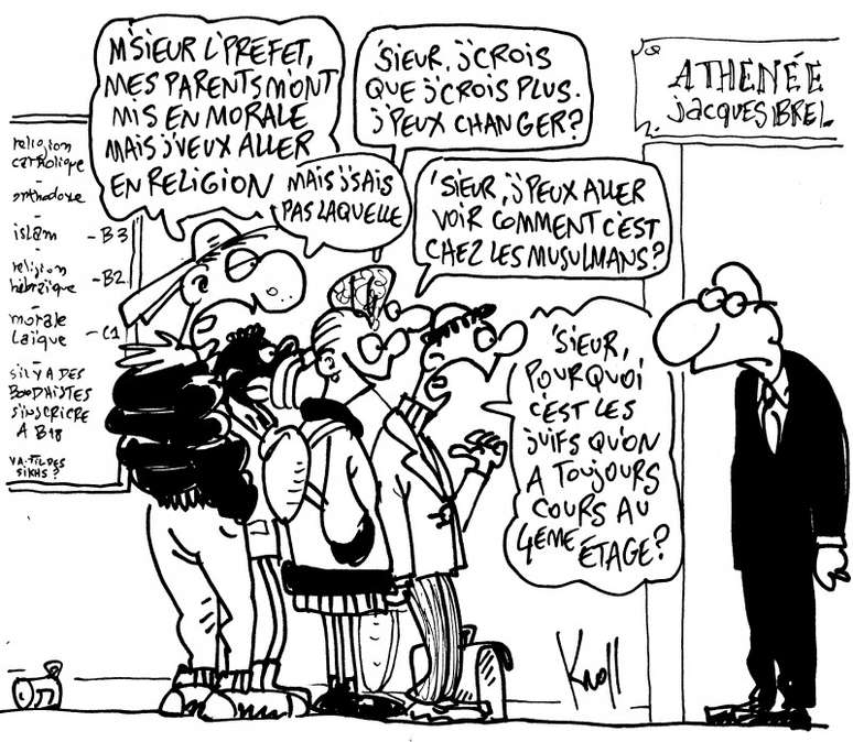 Charge do belga Kroll ilustra o debate sobre ensino religioso na B&eacute;lgica