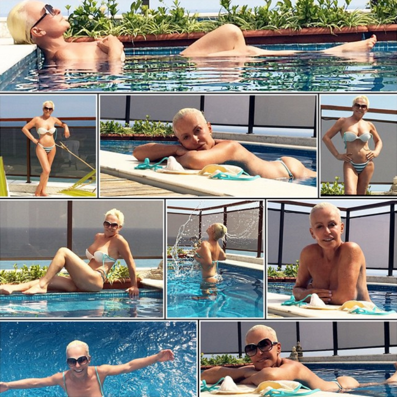 Ana Maria Braga posa de topless em sua piscina no domingo (1º)