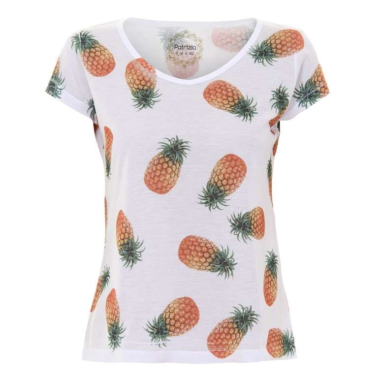 Camiseta com estampa de abacaxi, da Patrizia para Passarela.com. Pre&ccedil;o: R$ 29,99. Informa&ccedil;&otilde;es: (11) 4531-7952