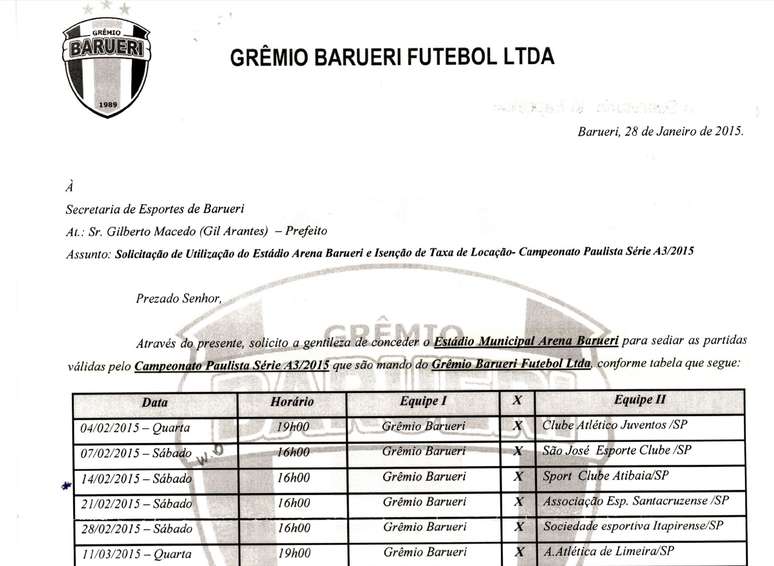 Em nota enviada ao Terra, Prefeitura de Barueri aponta que Grêmio só solicitou estádio em 28 de janeiro