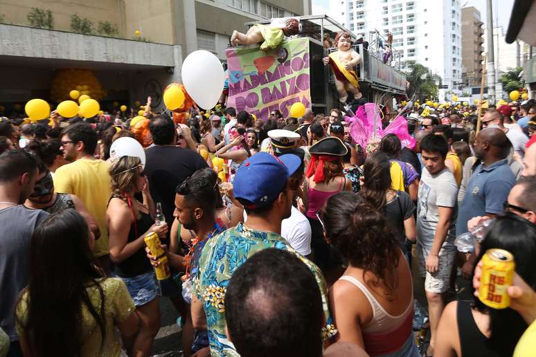 Público se diverte com bloco Acadêmicos do Baixo Augusta, neste domingo, em São Paulo