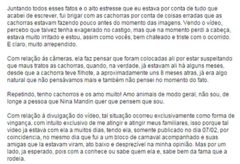 <p>Parte da publicação de Rafael na rede social</p>