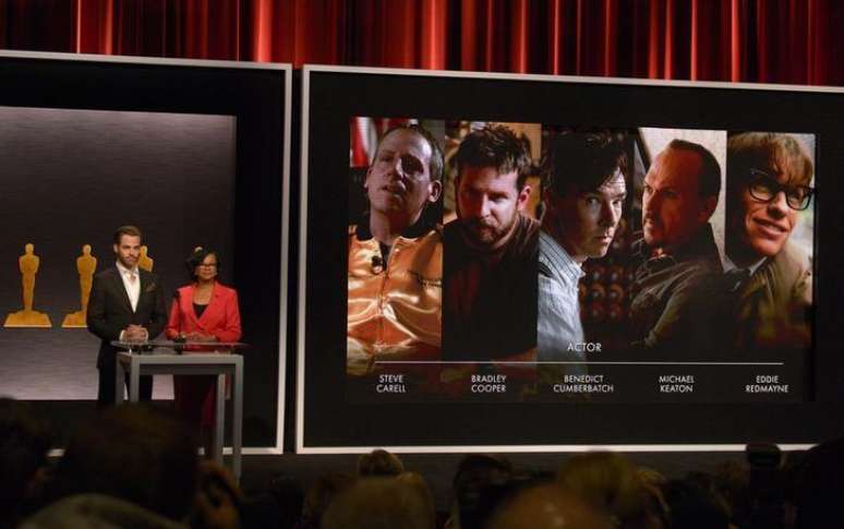 Ator Chris Pine e Cheryl Boone Isaacs, presidente da Academia de Artes e Ciências Cinematográficas de Hollywood , durante o anúncio dos indicados a Melhor Ator. 15/01/2015