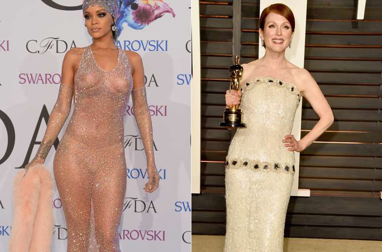 <p>Rihanna na premiação CFDA em 2014 e Juliane Moore no Oscar 2015</p>