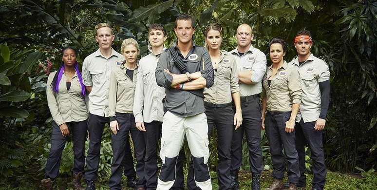 Jamelia, Laurence Fox, Emilia Fox, Tom Rosenthal, Bear Grylls, Vogue Willians, Mike Tindall, Max George e Kelly Holmes no programa 'Mission Survive'