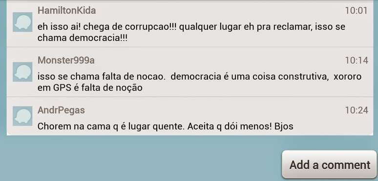 Ofensas continuaram em outras conversas