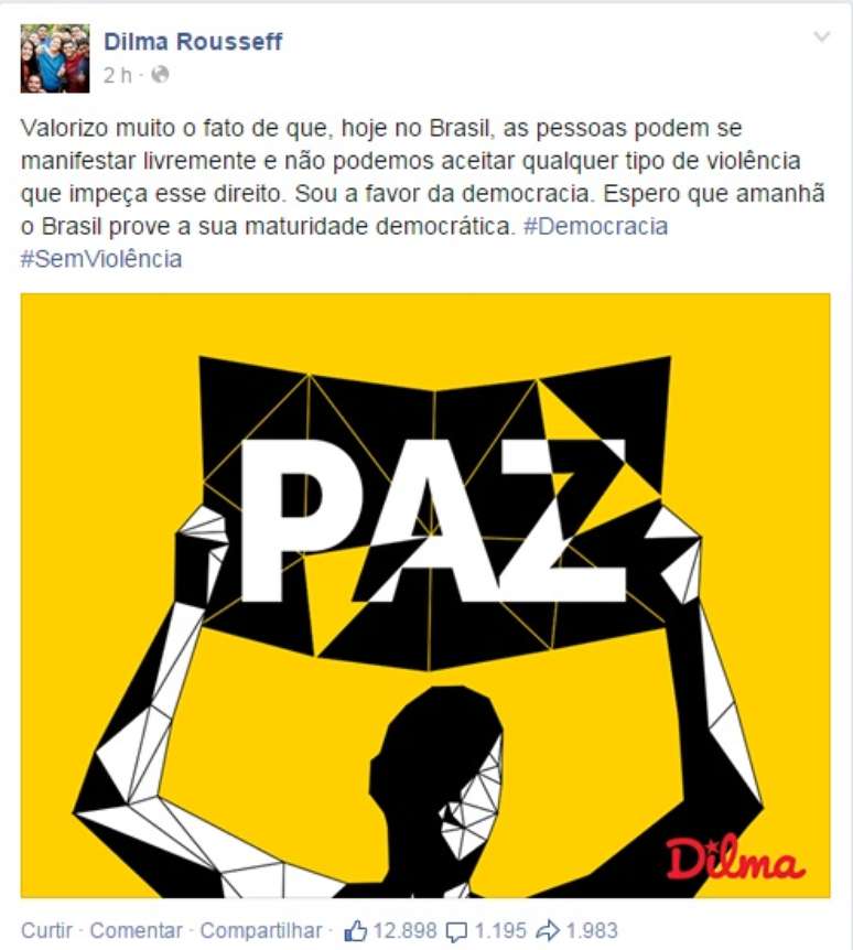 <p>"Espero que amanhã o Brasil prove a sua maturidade democrática", escreveu Dilma</p>