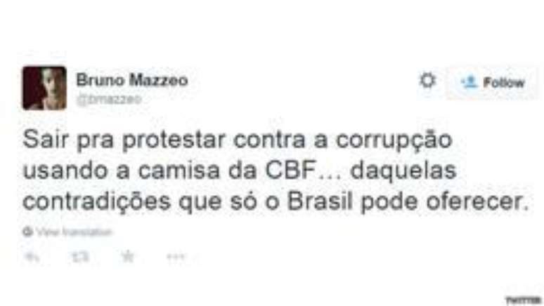 <p><strong>Bruno Mazzeo, ator:</strong> "Sair pra protestar contra a corrupção usando a camisa da CBF daquelas contradições que só o Brasil pode oferecer."</p>