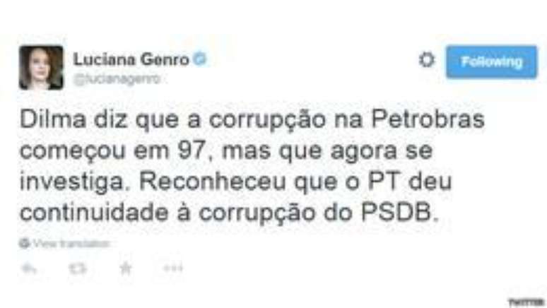<p><strong>Luciana Genro, política:</strong> "Dilma diz que a corrupção na Petrobras começou em 97, mas que agora se investiga. Reconheceu que o PT deu continuidade à corrupção do PSDB"</p>
