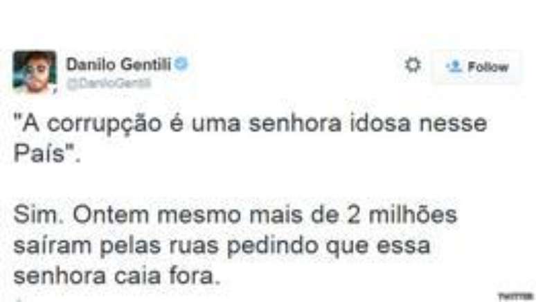 <p><strong>Danilo Gentili, humorista e apresentador:</strong> "'A corrupção é uma senhora idosa nesse País'. Sim. Ontem mesmo mais de 2 milhões saíram pelas ruas pedindo que essa senhora caia fora"</p>