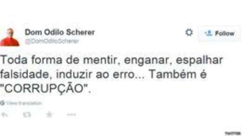 <p><strong>Dom Odilo Sherer, arcebispo metropolitano de SP:</strong> "Toda forma de mentir, enganar, espalhar falsidade, induzir ao erro... Também é 'CORRUPÇÃO'"</p>