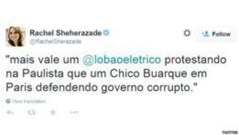 <p><strong>Raquel Sheherazade, jornalista:</strong> "Mais vale um @lobaoeletrico protestando na Paulista que um Chico Buarque em Paris defendendo governo corrupto."</p>